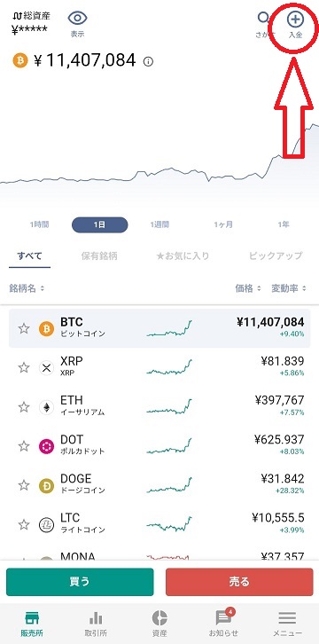 スマホ　BTC　入金